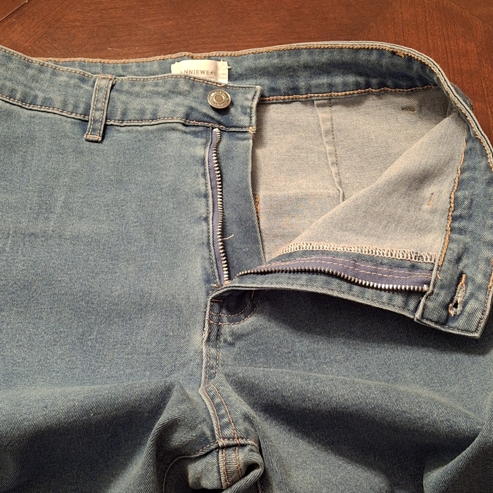 Annie Wear High Rise Wide Leg Stretchy Cropped Denim Blue Jeans Women Size Large - Picture 8 of 16